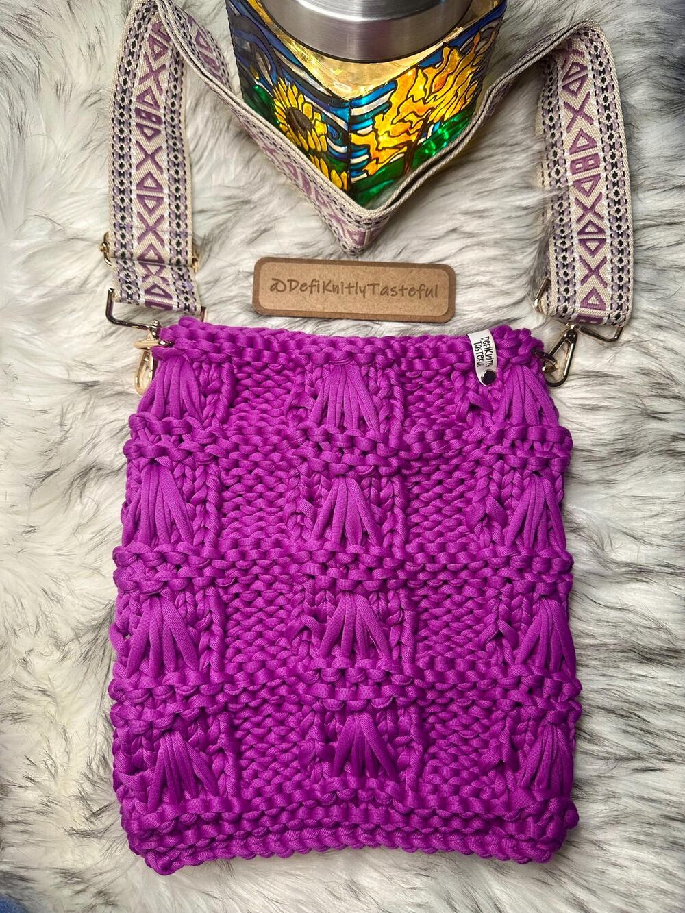 Hand Knit T-Shirt Yarn Crossbody Bag: Fuchsia & Purple Lake Erie Purse